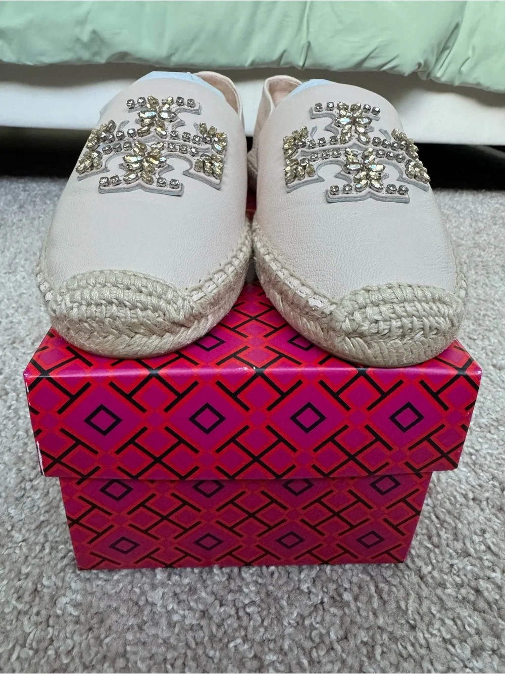 BRAND NEW Tory Burch Light Rose Leather Crystal-Embellished Espadrille Slip-Ons